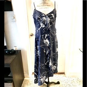 Banana Republic Navy Blue Floral Midi Dress with White Print